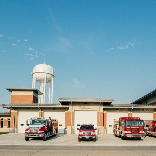 South Sioux City Fire Station from the front with fire trucks